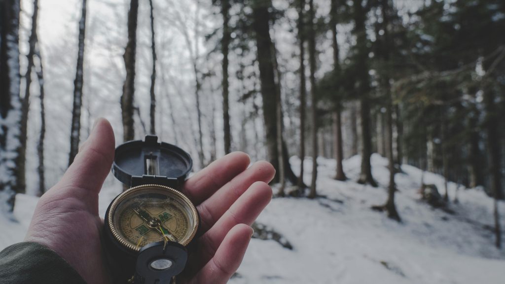 Holding a compass in the forest